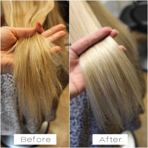 Blonde hair coloured and treated with Olaplex before and after, Ottawa Salon Olaplex